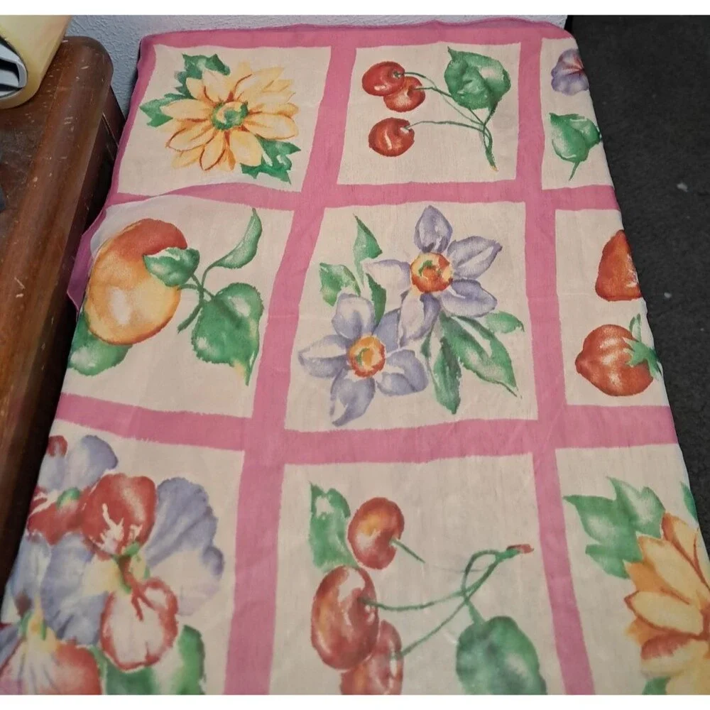 2 Vintage LG Silk Scarf Made in Japan Floral Fruit Patchwork Blue/Pink 22